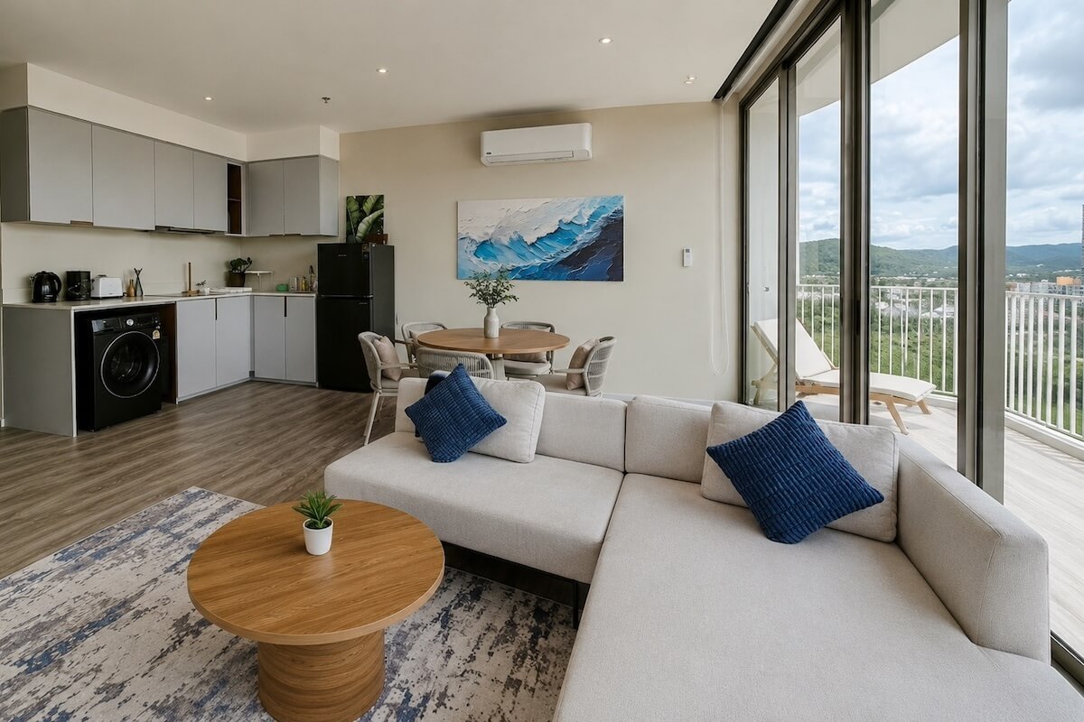 Open-plan living, dining and kitchen space for a longer stay in Hua Hin